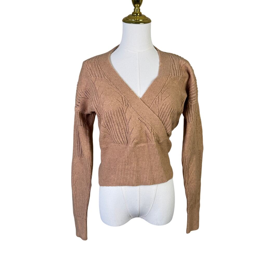 Pink Rose V Neck Long Sleeve Wheat Sweater US Women's L New